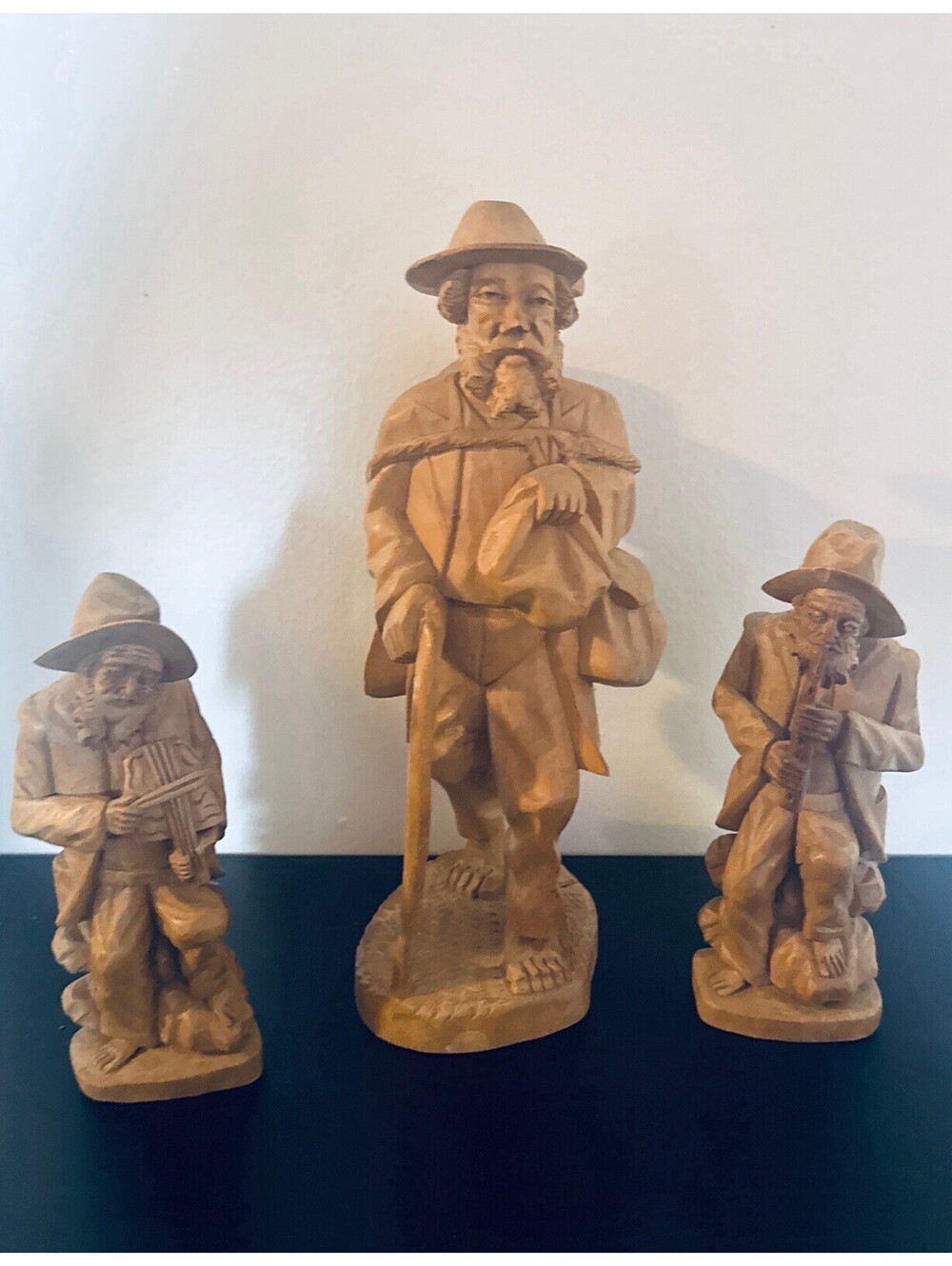 Hand Carved Wooden Figurines Set of 3 Folk Art Travelers Musicians Vintage